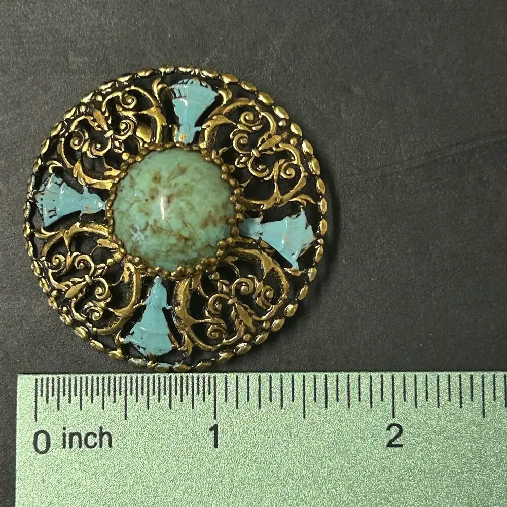 Antique Art Deco Brooch Filigree Faux Turquoise Stone Enamel Accents W.‎ Germany